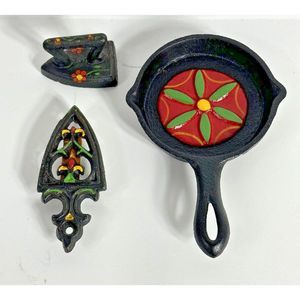 Lot of 3 Vintage Mini Cast Iron trivits including frying pan and sad iron